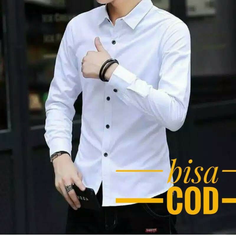 Baju Kemeja Pria Kasual Polos Hitam slimfit Putih Lengan Panjang / hem baju pria / kemeja cowok / kemeja hitam