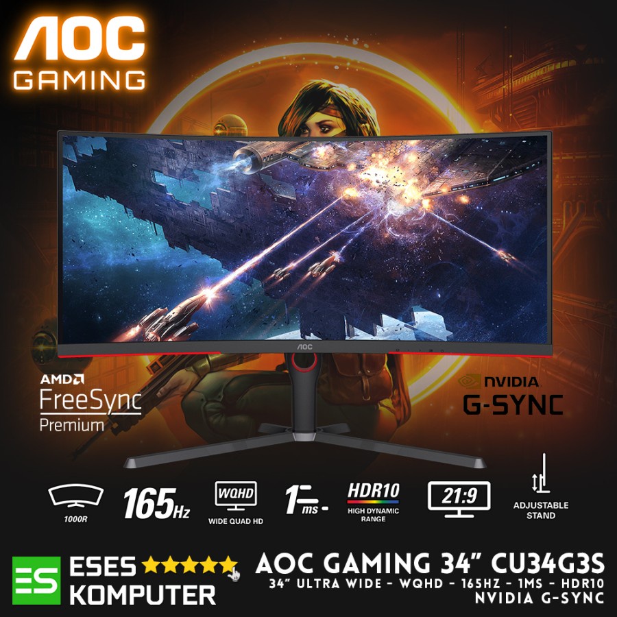 Monitor AOC Gaming CU34G3S 34 Inch Curved UltraWide QHD 165Hz 1ms HDR