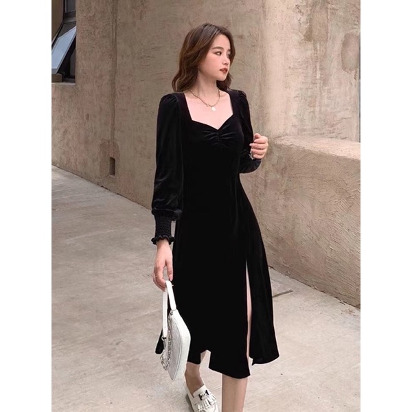 H7 D26 Velvet midi dress lengan panjang A line sweet heart neck / korean dress bludru import elegant