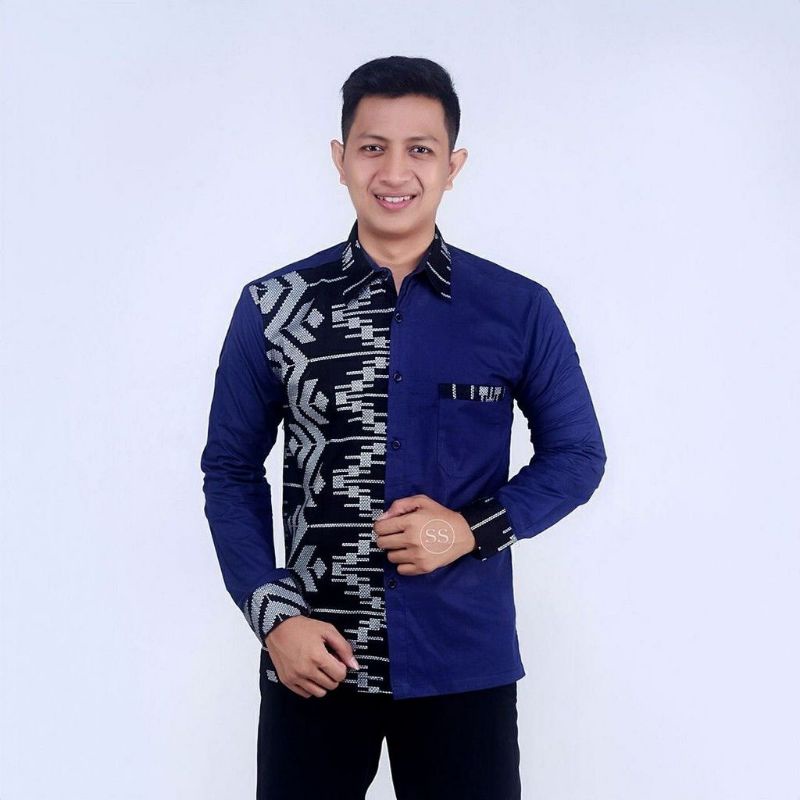 Kemeja Batik Kombinasi Prada ZigZag Silver Lengan Panjang