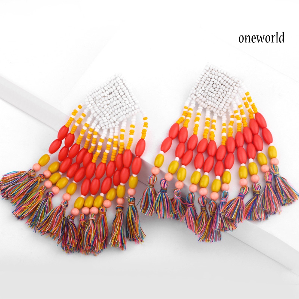 OW# Bohemian Women Beads Tassel Dangle Long Ear Stud Earrings Statement Jewelry Gift