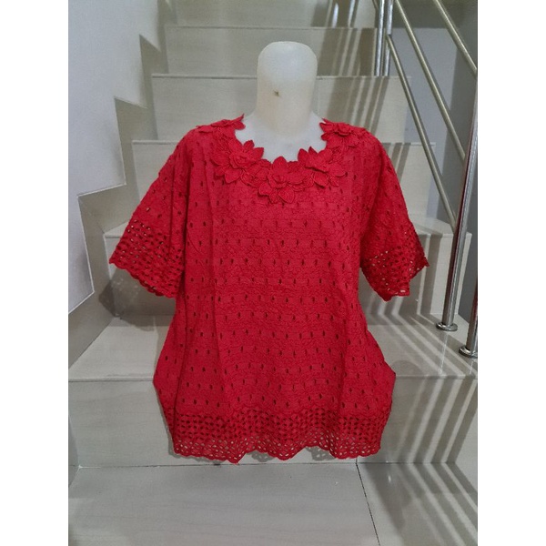 Blouse Brukat Putih, Hitam, Warna Tangan Pendek Import Size XL, 2XL, 3XL-829 - Merah