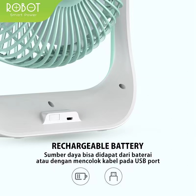 Kipas Portable ROBOT RT-BF14 2000mAh 5 inch Rechargeable Led Fan Garansi Resmi 1 Tahun Original