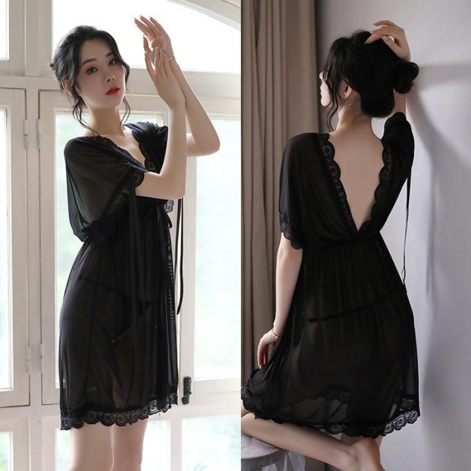 Piyama Wanita Set Baju Tidur Sexy Lace transparan Piyama V-neck A352