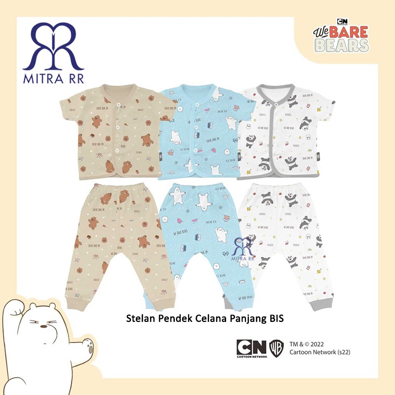 FLUFFY Stelan Baju Kancing Pendek Celana Panjang WE BARE BEARS NB S M L (0-12 bulan) Setelan Baju Bayi 3 Pasang