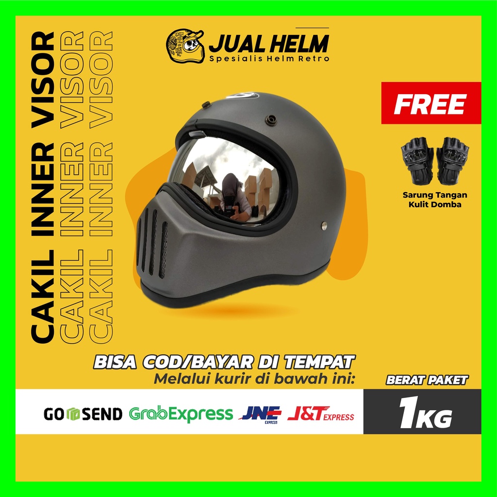 Helm Cakil HBC Polos Grey Doff + Inner Visor ( Fullface / Retro / Klasik / Vespa )