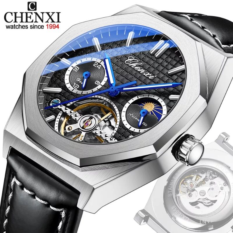 Jam Tangan Chenxi Oak Moon Phase Tourbillon Open Heart Automatic All Chrono Active