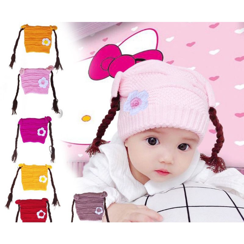 Topi Anak Perempuan Rambut Kepang Topi Bayi Kupluk Rajut Riquest Bordir Nama Gratis