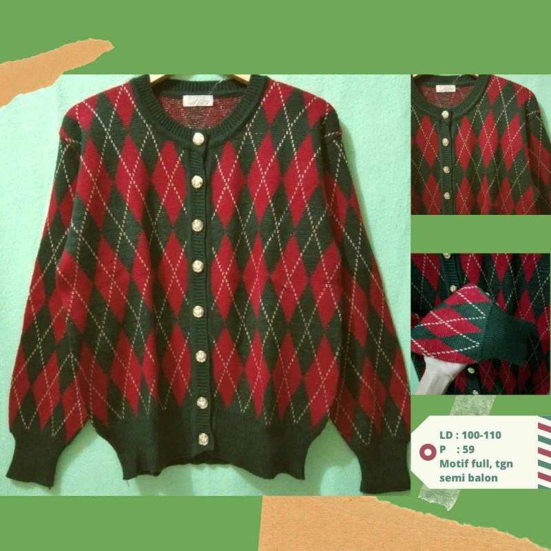 Cardigan&sweater/ sweater lengan balon,rajut jaring, fuzzy, vest thrift-Argyle merah