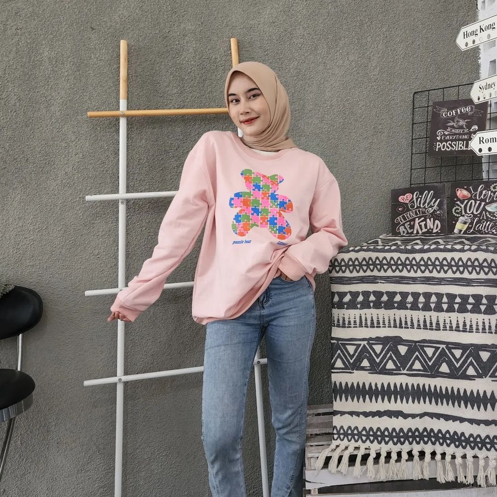 PUZZLE BEAR Crewneck Oblong Sweater Oversize | Outerwear Wanita Fashion Terkini Korean Style