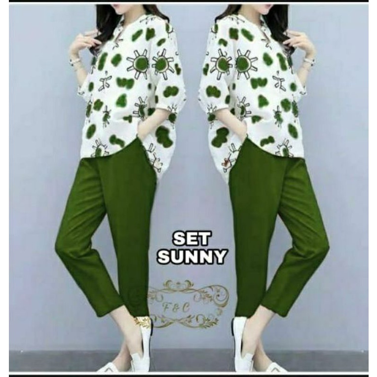 3 UKURAN M L XL SET SUNNY PAKAIAN WANITA SETELAN ATASAN DAN CELANA BABYTERRY FEHM
