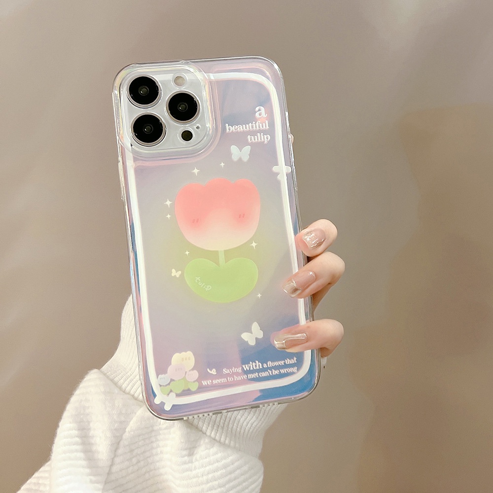 Case Pelindung Warna Pink Tulip Transparan Dengan Kartu Laser Untuk Iphone 11 8 7 Plus SE2 XS XR 12 13 Mini PRO MAX