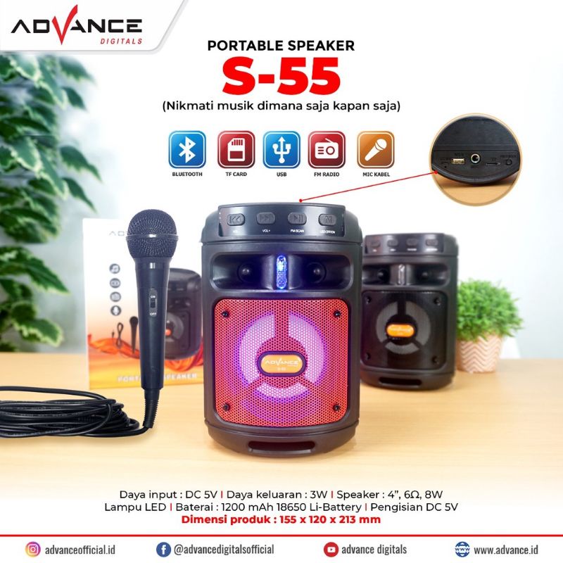 Speaker aktif Bluetooth Advance S55 bonus mic/Salon Aktif  Portable Radio Fm/Speaker Wireless tabung