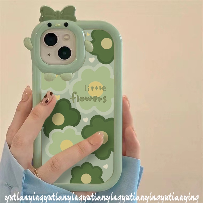 Ins Case Bunga Hijau Oppo A17 A7 A5s A54 A57 2022 A76 A96 A3s A5 A9 A55 A16s A15 A12 A17K Reno 4F 5F 5 7 A53 A74 A95 A16K A52 A15s A16 A31 3D Bow-knot Monster Kecil Lensa Sarung Cover Sarung