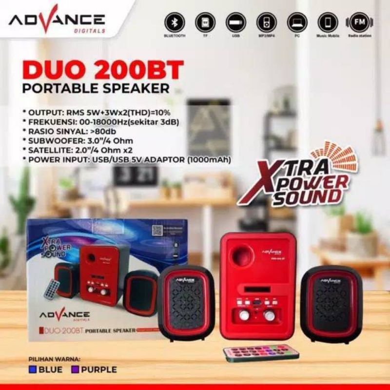 Advance Duo-200Bt Speaker Power Sound Bluetooth Portable Subwoofer Super Bass Aux Radio Fm Memory Card