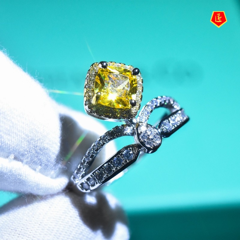 [Ready Stock]Pt950 Square Yellow Diamond Creative Crown Ring