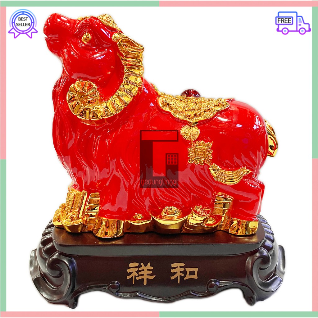 Patung Pajangan Hiasan Shio Kambing Kado Imlek Hoki Rejeki 12 Zodiak Fengshui Lucky Emas Gold Resin