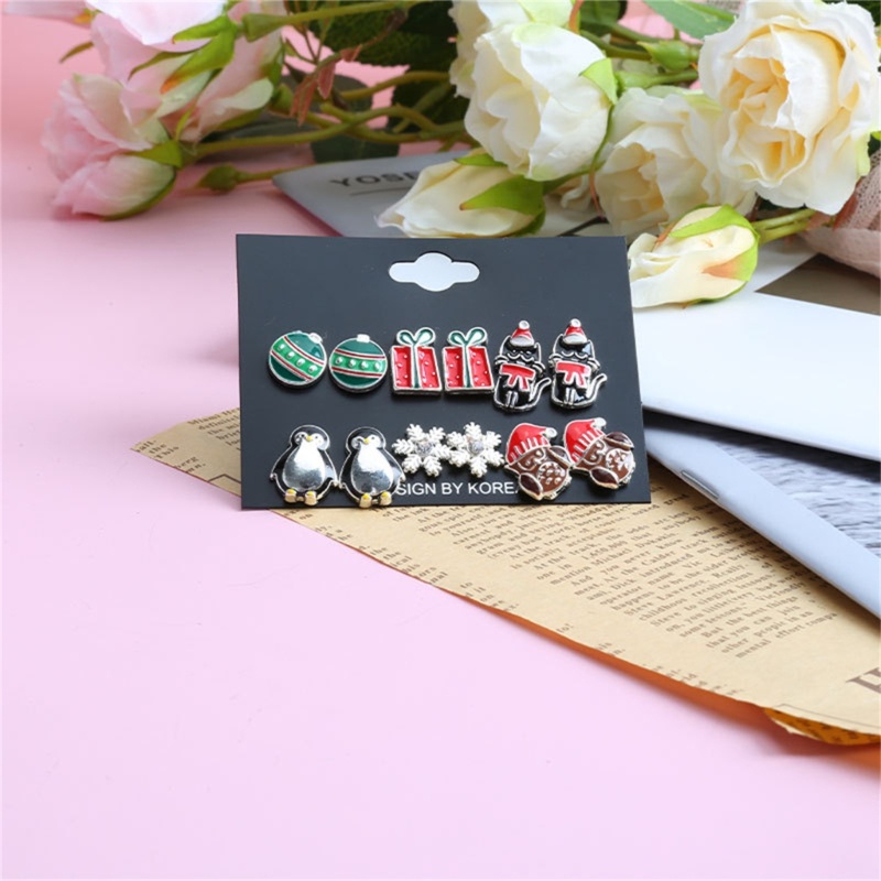 6 Pasang Anting Stud Desain Hewan Kepingan Salju Bola Unik Untuk Hadiah Natal Wanita