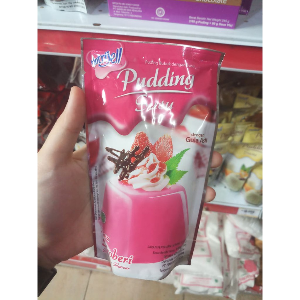 PUDDING SUSU COKLAT STRAWBERRY VANILLA CAPPUCINO MANGGA NUTRIJELL 145 GR / MILKY PUDING NUTRIJEL CHOCOLATE / LSN ( 12 PCS )