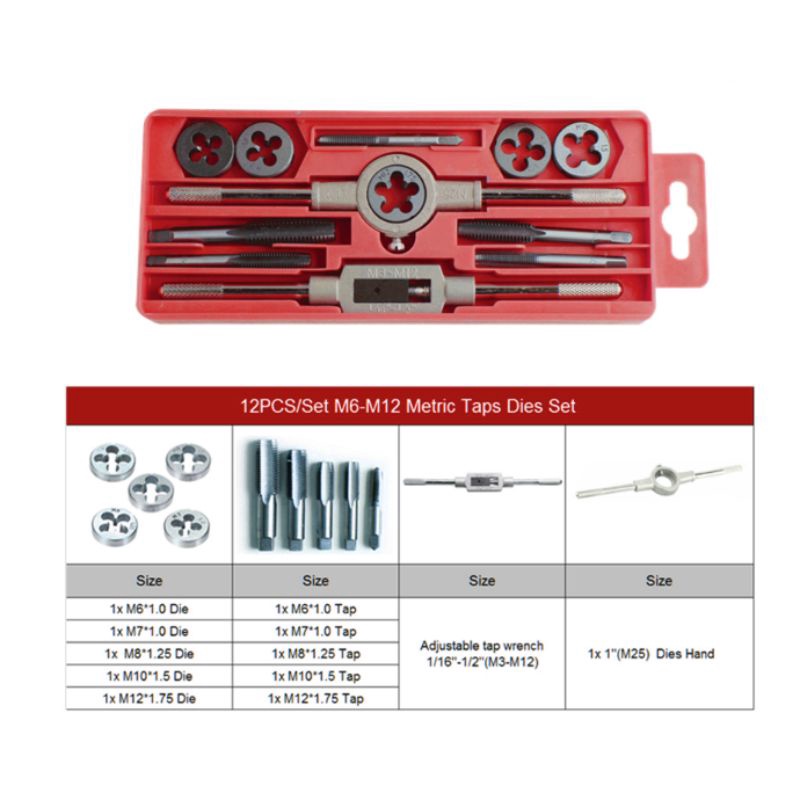 Hand Tap Set Dies Set 12 PCS Kodenki Gagang TAP Alat Senai Pembuat Ulir