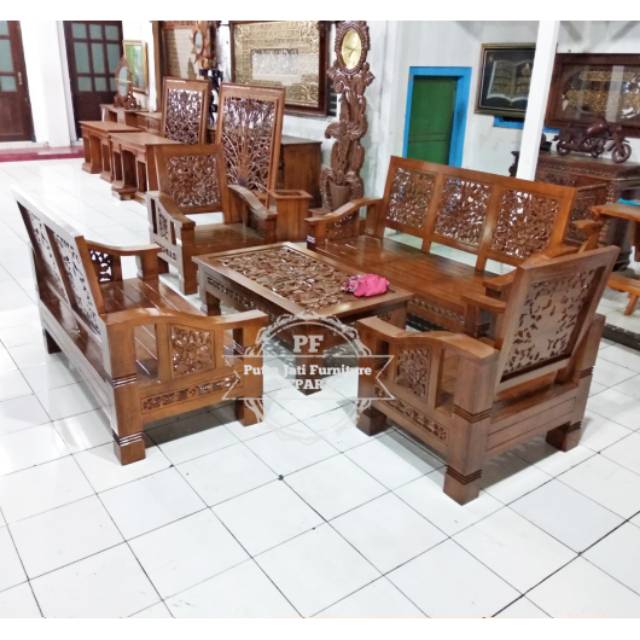 Meja kursi tamu Flamboyan besar - meja kursi jati ukir Jepara