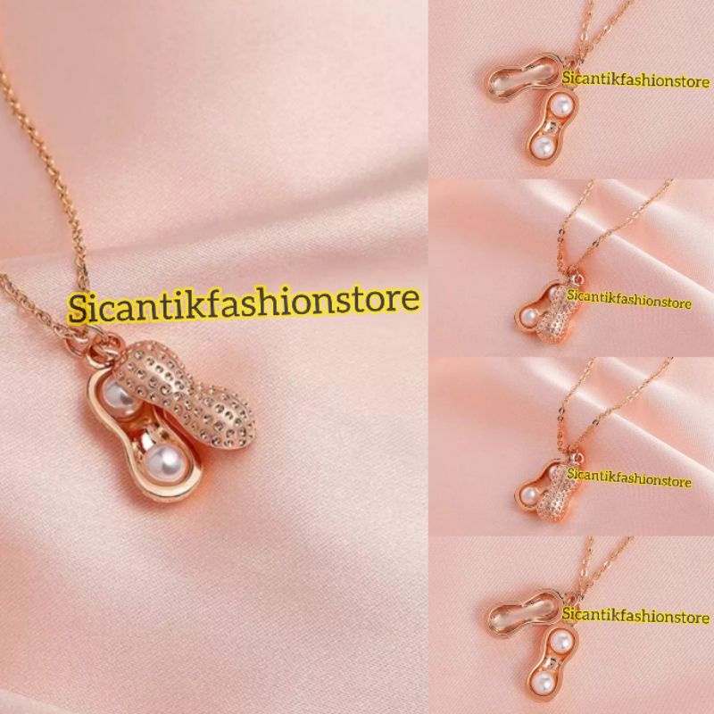 Kalung Titanium Liontin Motif Kacang Rose Gold Fashion Wanita Terlaris Anti Karat Kalung Wanita Gold