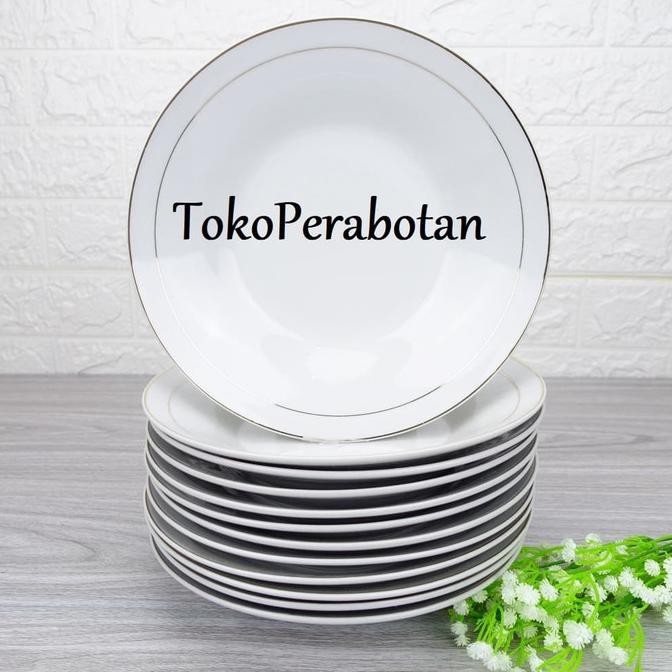 Piring Makan Keramik HW 9 inchi (lis emas) /lusin - Putih