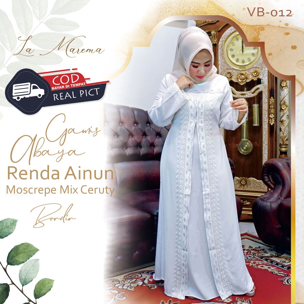 Gamis Abaya Turkey Dubai Turki Arab Renda Ainun BKP 2 Layer Mix Ceruty Putih BW ORI LAMAREMA VB-012