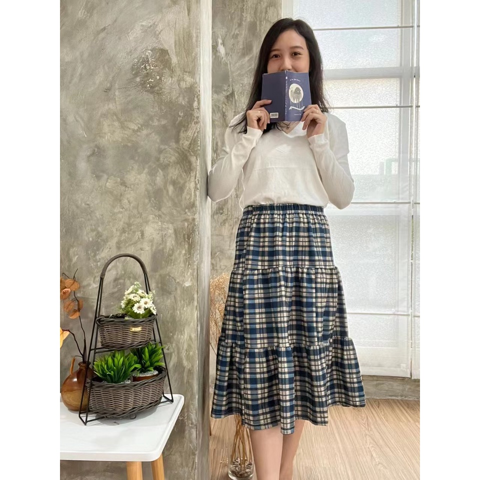 rok kotak kotak panjang high waist rok span tartan wanita