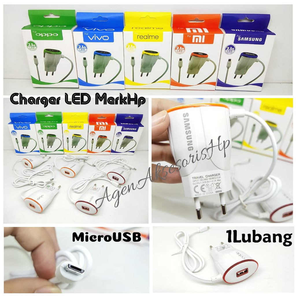 LED Charger 1 Lubang USB Sambung Kabel Micro 2.1A MERK HP For Smartphone