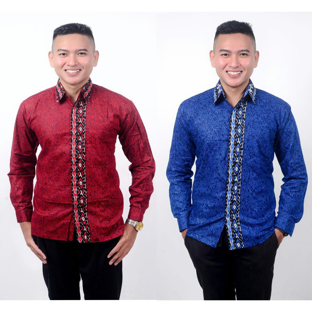 BATI KEMEJA MOTIF MENDUNG BIRU MERAH BAJU SERAGAM KANTOR ALKHALIS