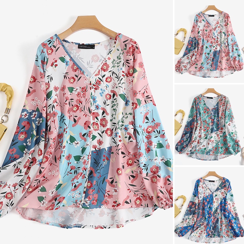 ZANZEA Women V-Neck Casual Long Sleeve Blouse Floral Print Shirt