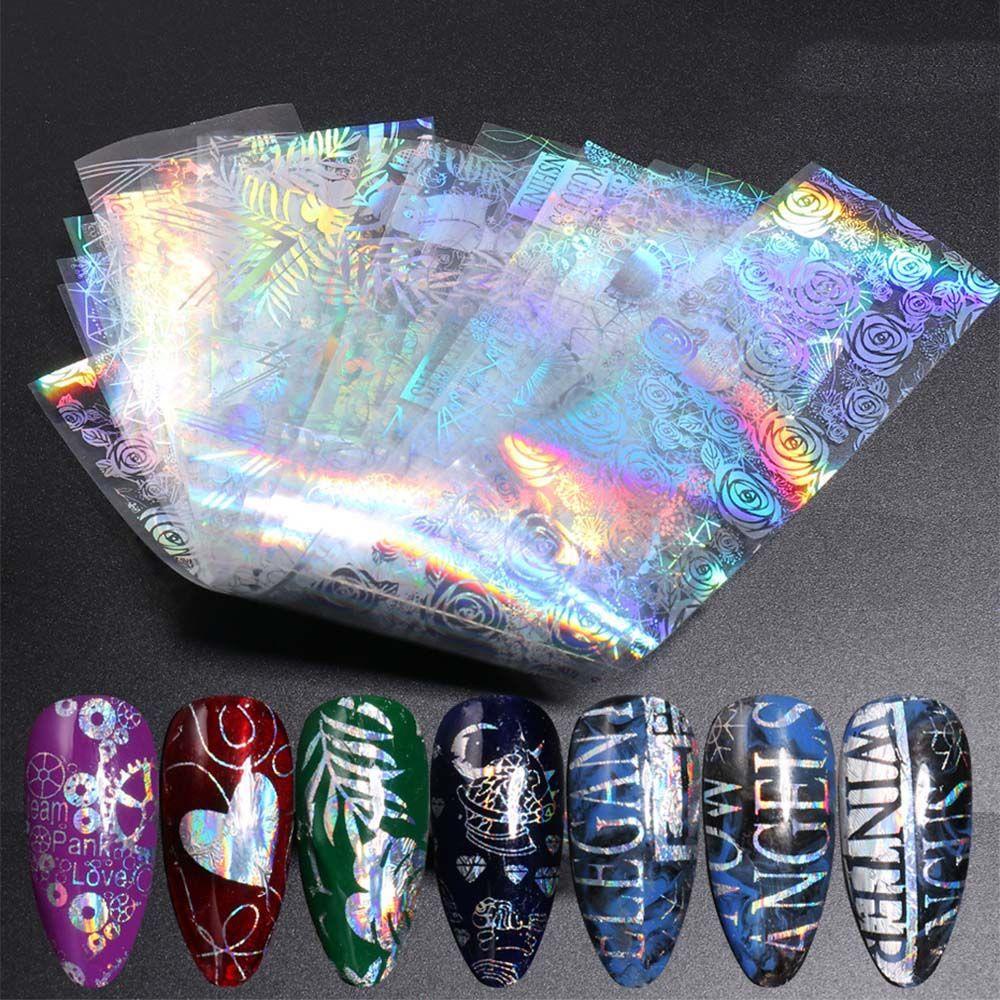 AUGUSTINA Agustina Stiker Kuku Laser DIY 10 Pcs Nail Art Dekorasi Manicure Huruf Inggris Garis Geometris Transfer Air Stiker