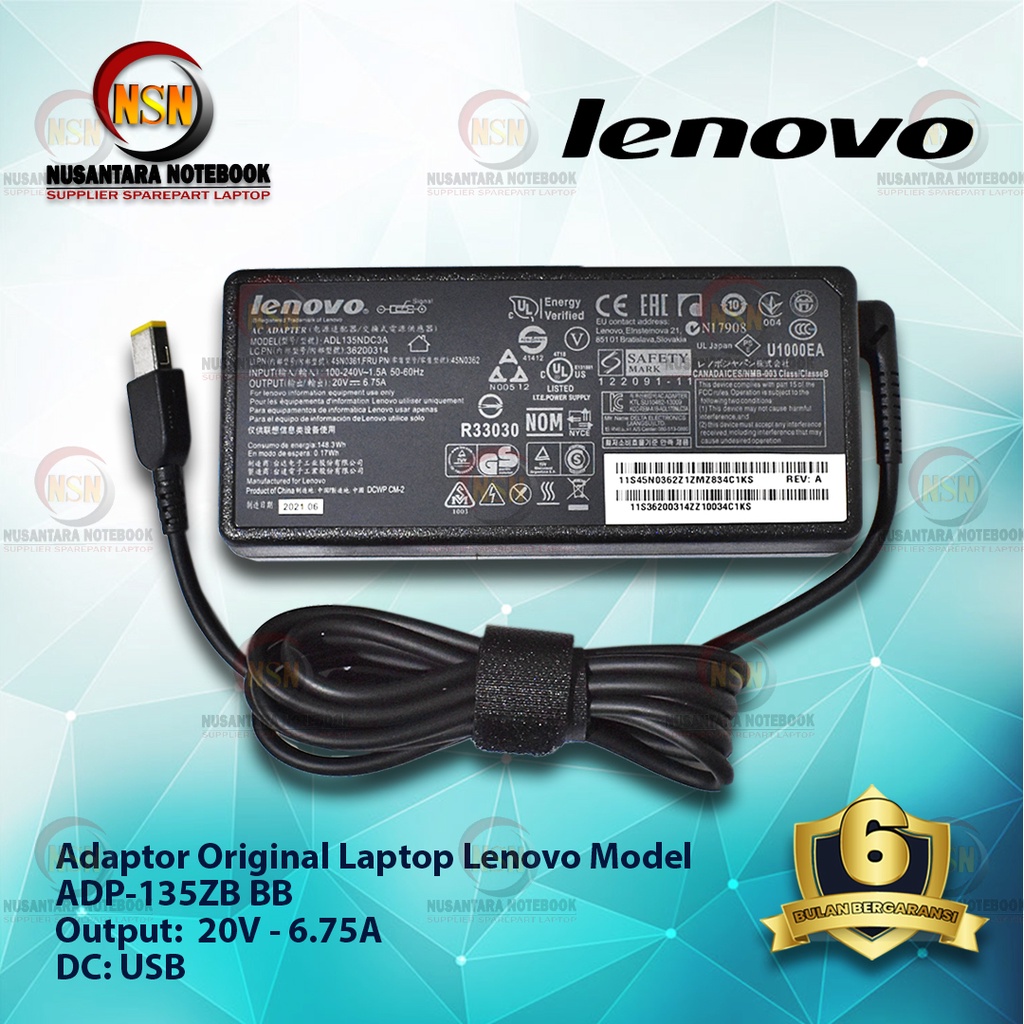 Adaptor Original Laptop Lenovo Model ADP-135ZB BB 20V - 6.75A  DC: USB