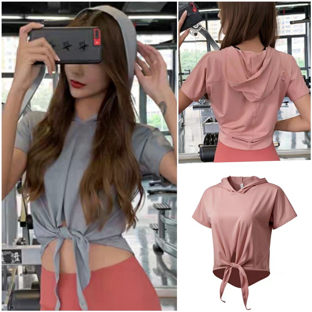 Ladysport Hoodie Knot Top Baju Atasan Olahraga Lengan Pendek dengan topi
