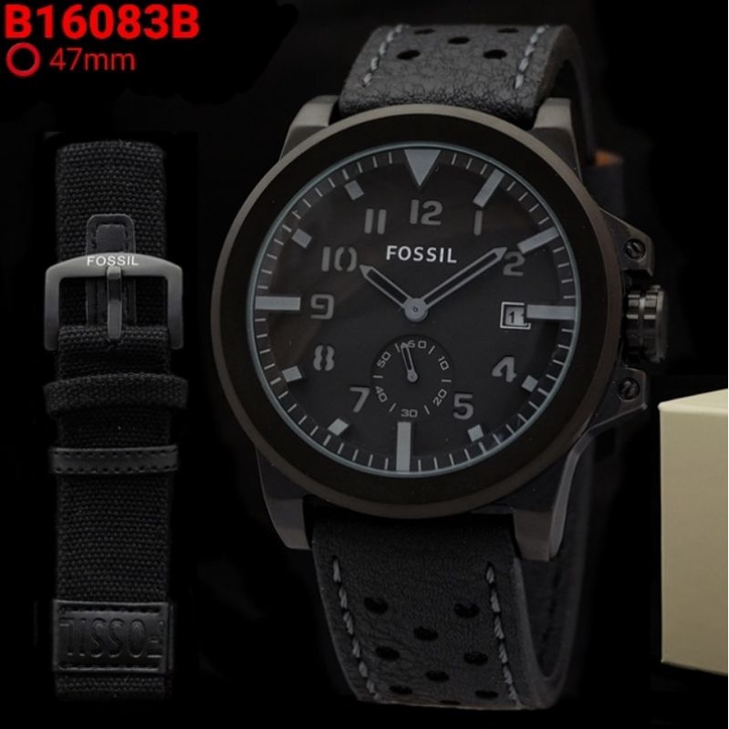 jam tangan fossil pria batre body steel strap leather plus kanvas box fossil