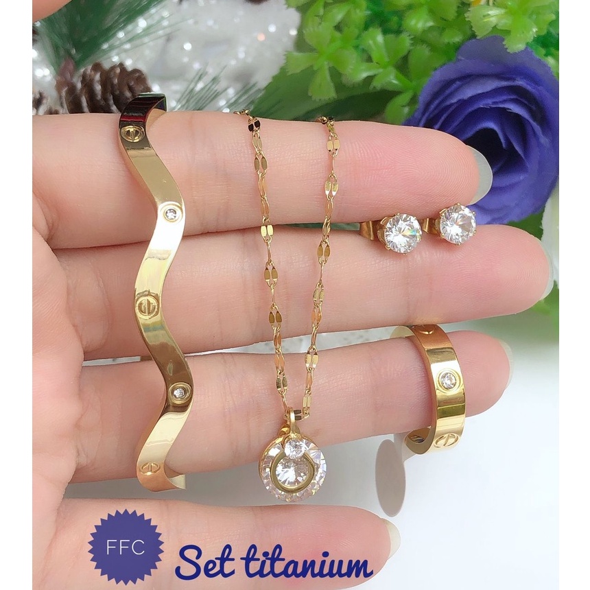 XUPED TERMURAH Set Perhiasan TITANIUM Anti Karat Gelang Ring Cartier Gelombang Kalung Anting Permata