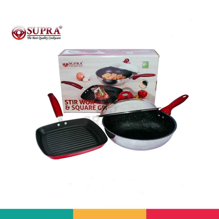 SUPRA  Wajan Stirwok + HI-Dome 28 cm Stainless Steel dan Square Grill