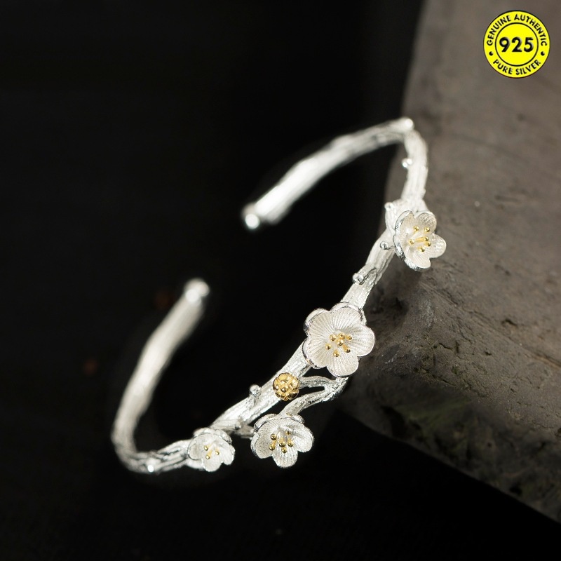 Gelang Model Terbuka Bahan Sterling Silver 925 Desain Hollow + Permata Warna Warni Gaya Vintage Untuk Wanita