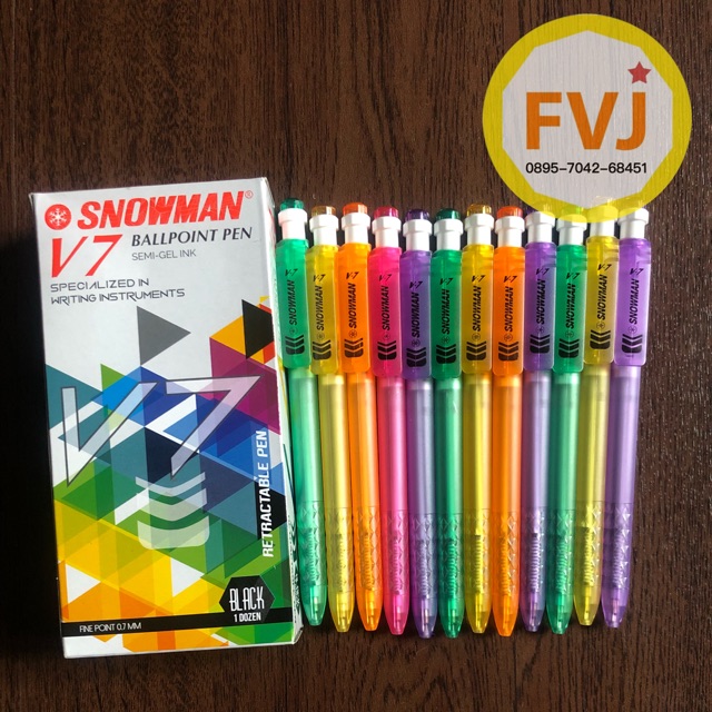 

1lusin / 12 Ball Point Retractable Semi Gel Ink V7 0.7 hitam / bolpen SNOWMAN