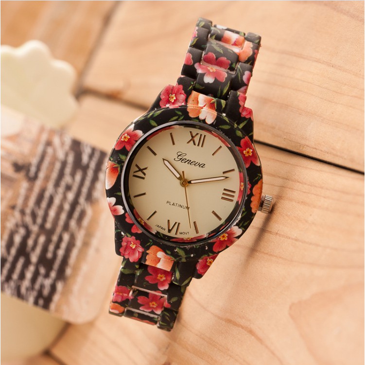 Jam Tangan Geneva Bunga JTR 049 Black Red
