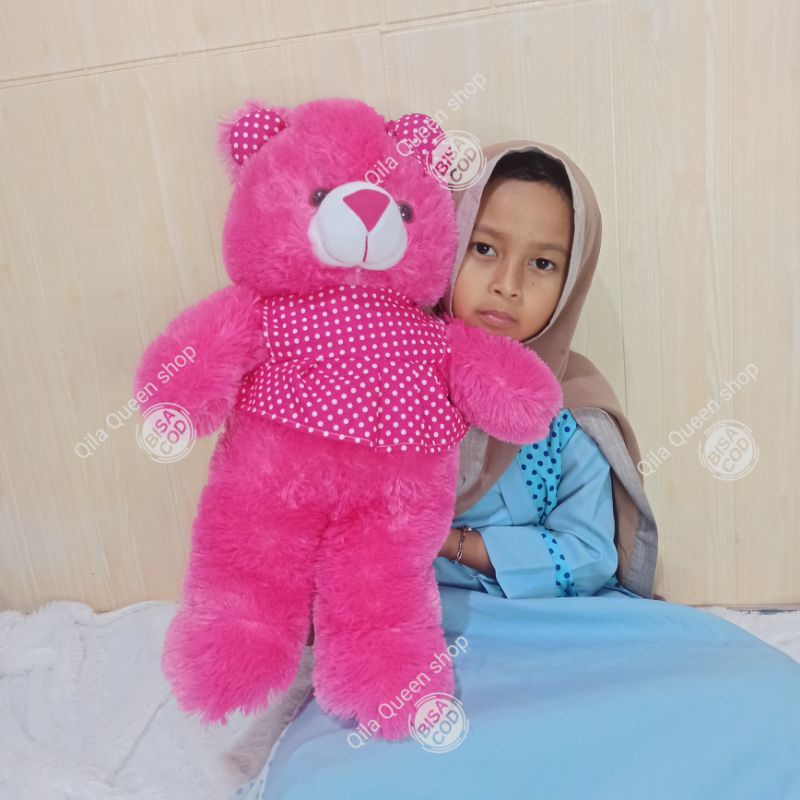 Boneka Teddy bear topi baju polkadot TANGGUNG 60cm