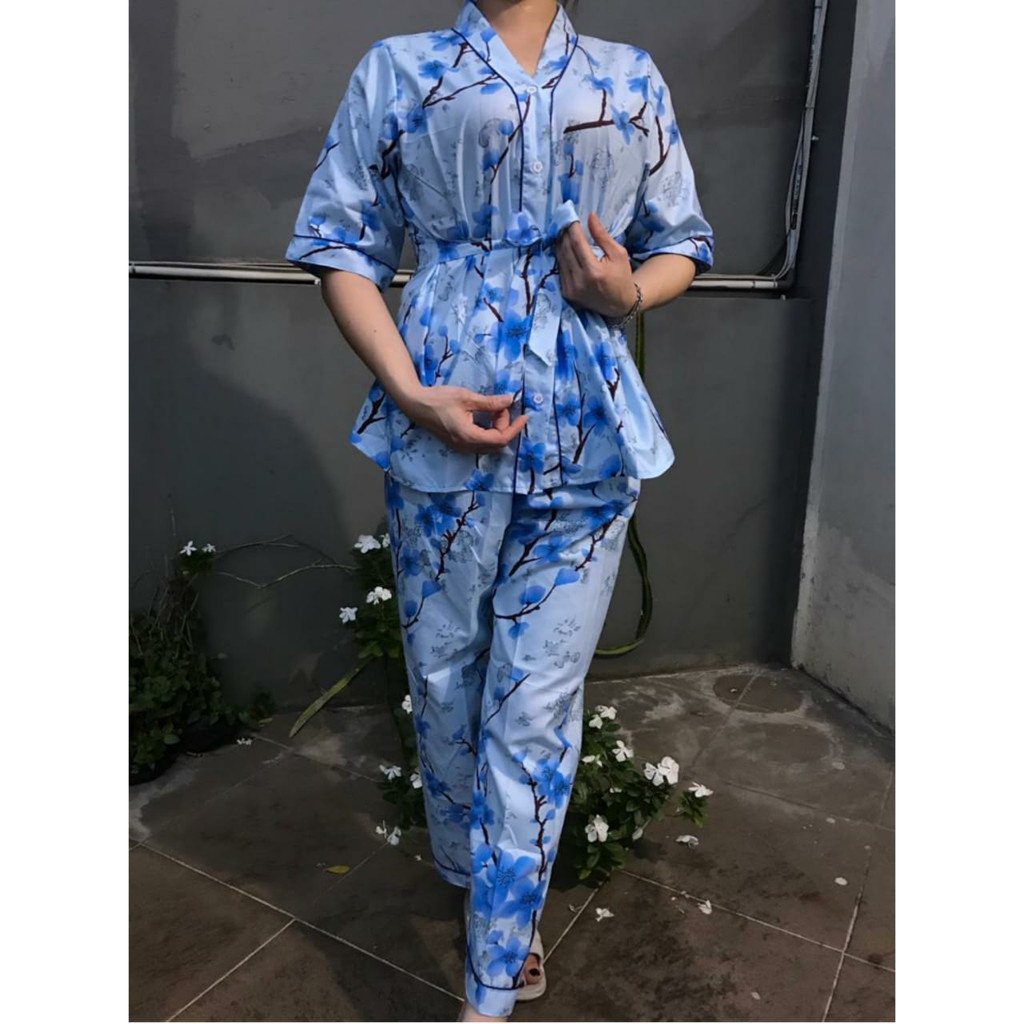 JNV Setelan Kimono CP Wanita Motif Karakter Kartun - Baju Tidur Kimono Lengan Pendek - Bahan Katun-Sakura Biru