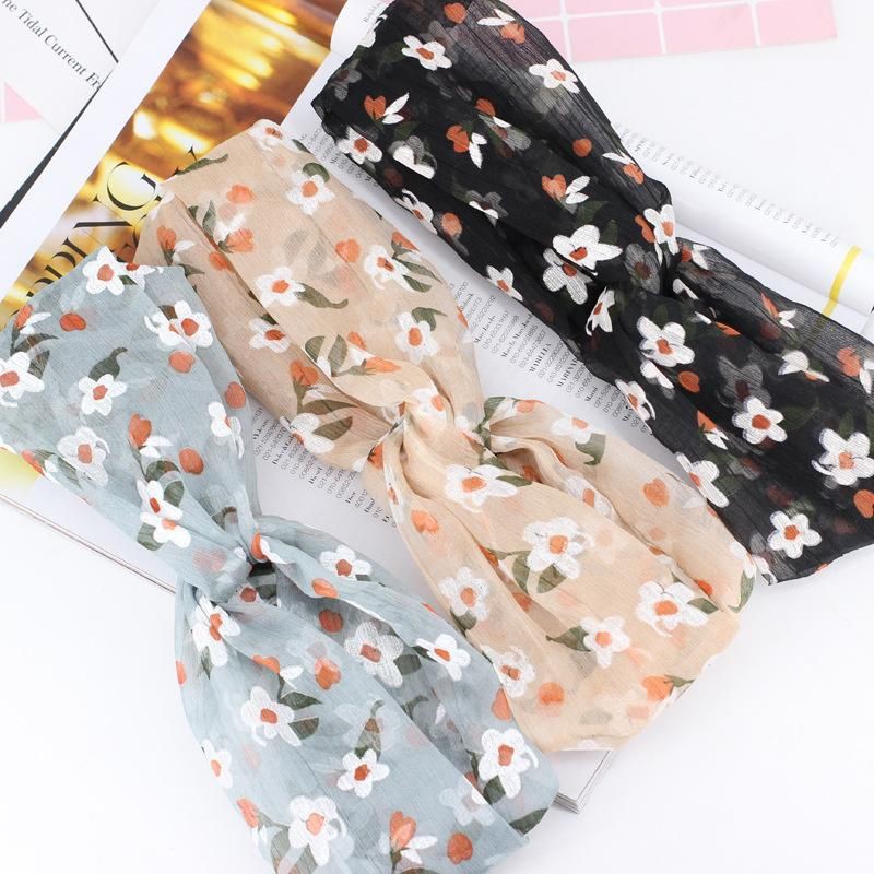 Bando Bahan Sifon Bandana Korea Chiffon Motif Bunga Daisy Untuk Aksesoris Rambut Wanita Mesh Twist Knot Wide Headband