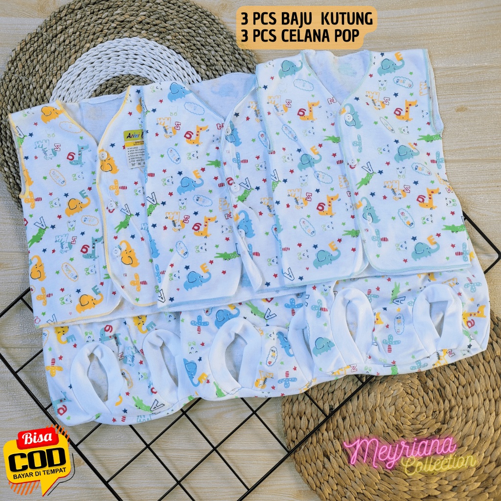 6 PCS Baju Celana Bayi Baru Lahir Setelan 3 Baju Bayi Kutung Tanpa Lengan 3 Celana POP Kacamata Motip Bayi Newborn 0 - 3 Bulan Meyriana Collection