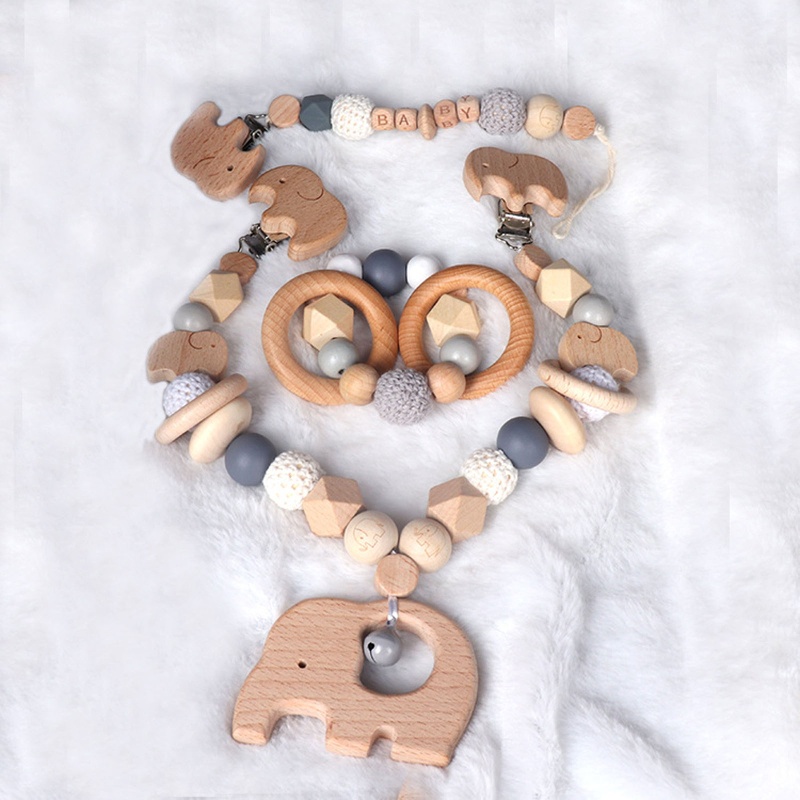 Mary 3pcs / Set Klip Rantai Empeng / Dot Motif Gajah + Rattle Untuk Aksesoris Stroller Bayi