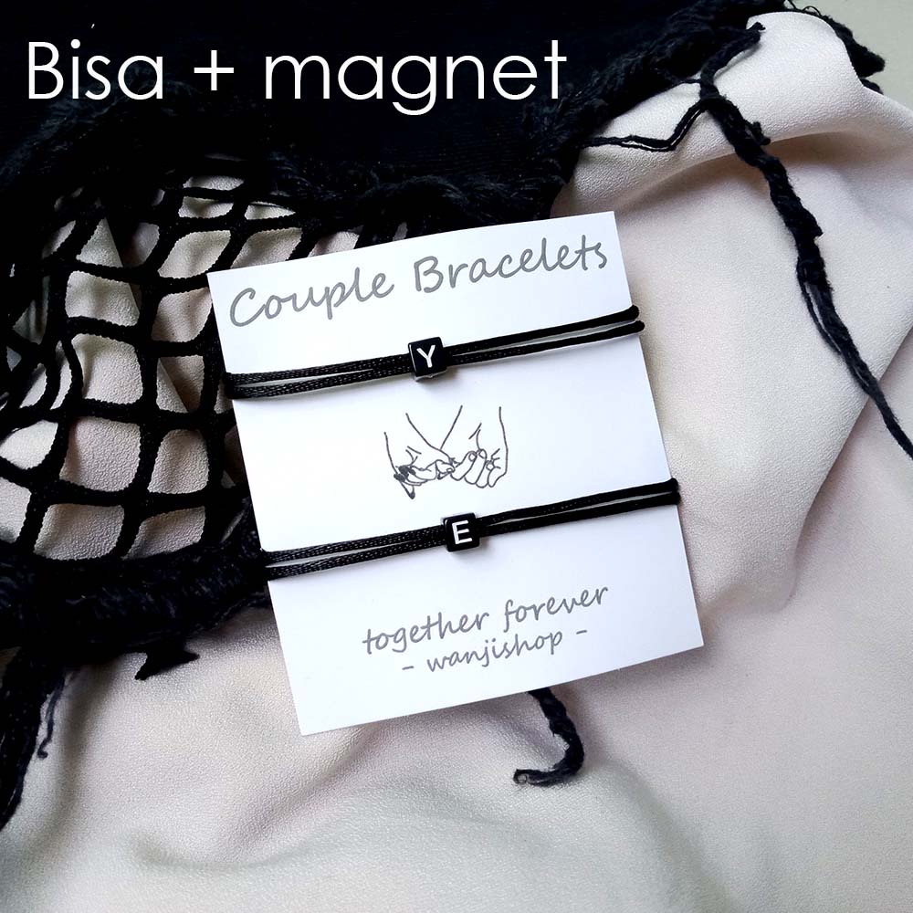 Gelang Couple Nama DOUBLE LAYER INISIAL KOTAK HITAM TALI SATIN Cina Custom Magnet