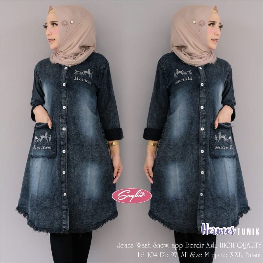 (PROMO) Long Tunik Jeans Wanita Model Terbaru / Baju Muslim / Fashion Wanita / Helma