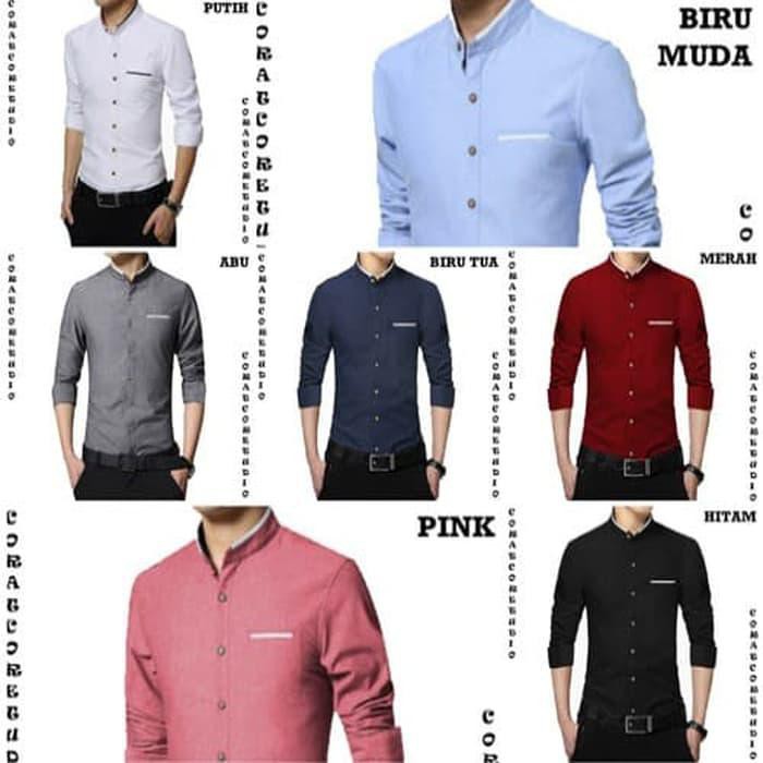 TERLARIS KEMEJA PRIA HEM COWOK LENGAN 3/4 POLOS KANTONG GARIS WARNA PUTIH 