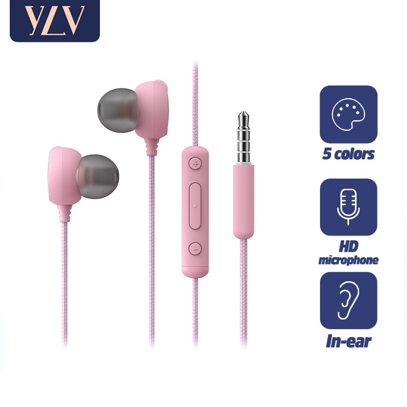 YLV Headset Earphone 3.5mm Macaron Bass In Ear Earphones Gaming Multi Color Wired Stereo Android-M77 Merah Jambu